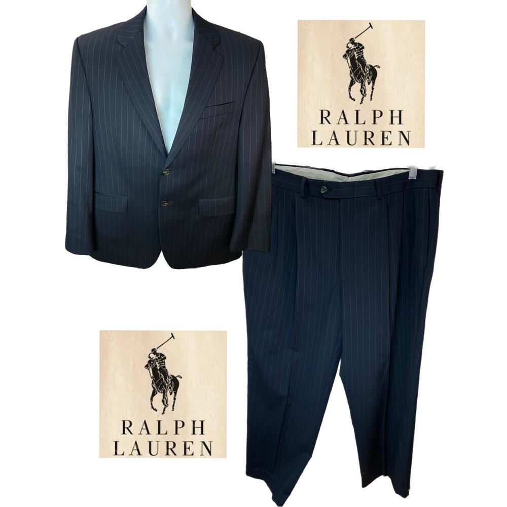 POLO RALPH LAUREN SUIT SET — Black White Stripe Pants 36x26 & Medium Blazer